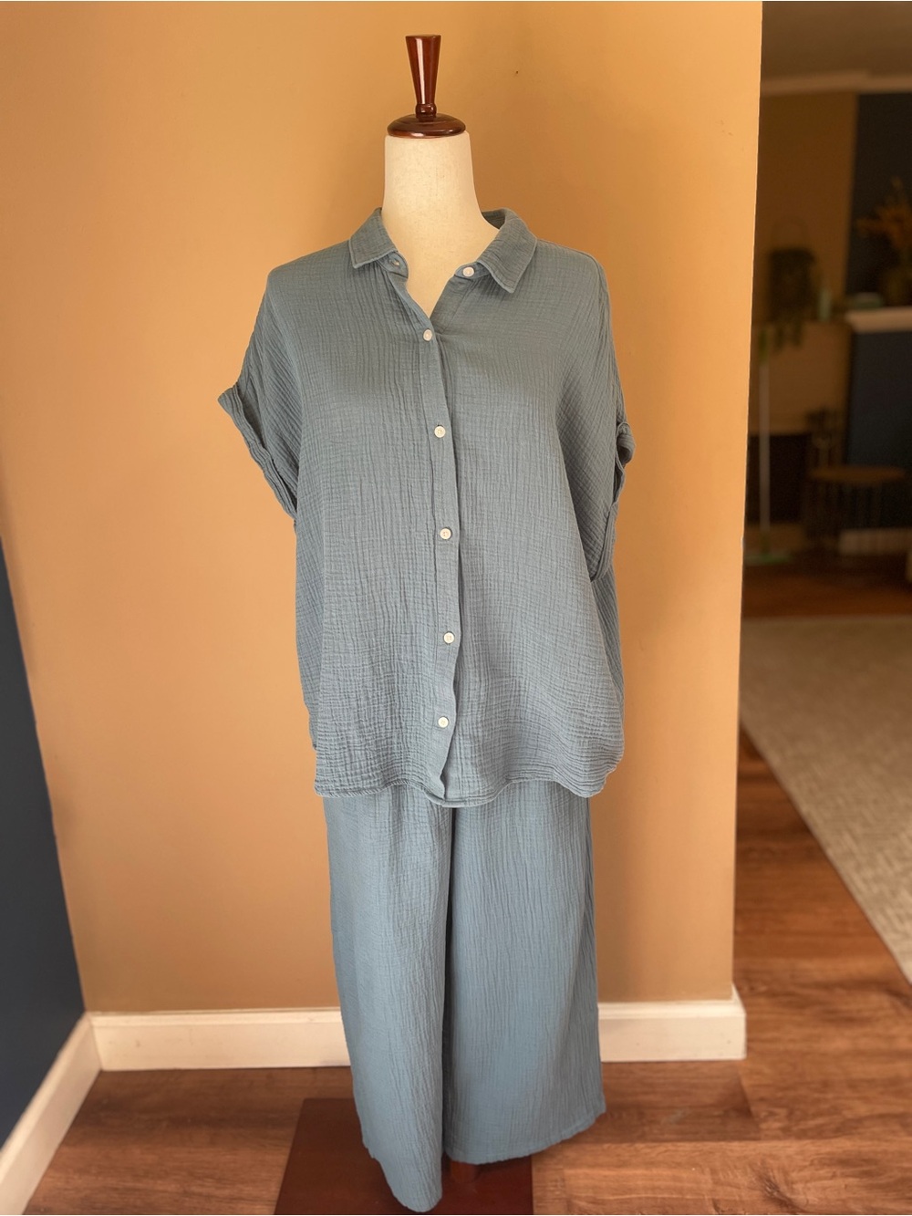 Jessica Simpson Gauze Cotton 2 piece Outfit Set LARGE Blue Lounge Wide Leg Pants